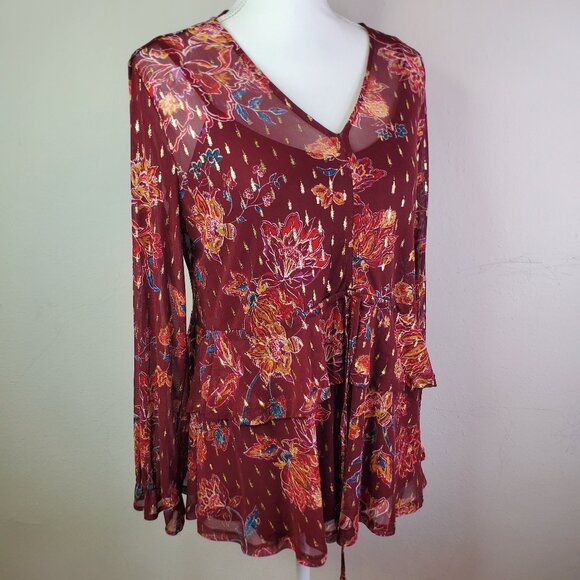 Style & Co Womens Red Floral Printed Drawstring Waist Blouse M - Picture 1 of 9